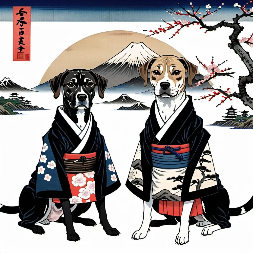 Prompt: black mountain cur dogs in hiroshige wearing samurai clothes