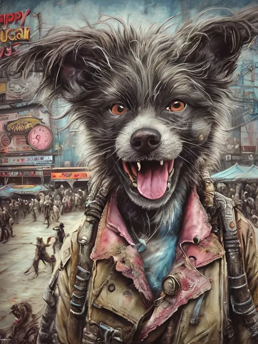 Prompt: Detailed happy at a circus, post-apocalyptic Japan festival, sketch, chalk pastel, detailed planes, grunge, highres, abstract, natural lighting, lively atmosphere, fun, vibrant, happy-go-lucky, detailed dogs, detailed eyes, detailed fur, festive, flying, post-apocalyptic, Japan, sketch art, chalk pastel, detailed background, grunge style, abstract art, high quality, natural lighting