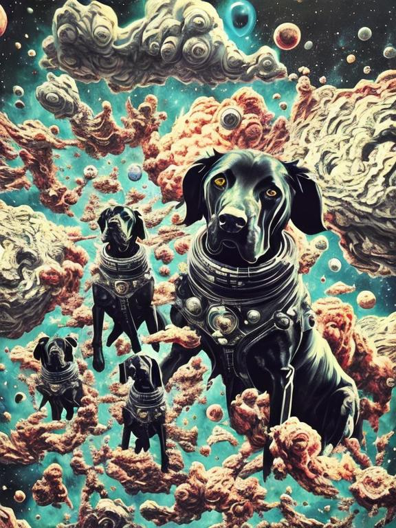 Prompt: Surrealism black dogs in gangster outfits in space, abstract art style, cowboy hat, fun atmosphere, floating celestial bodies, mysterious nebulae, dreamlike, surreal, high contrast, otherworldly, abstract, space, astronaut, fun atmosphere, celestial bodies, dreamlike, surreal, high contrast, mysterious, nebulae, dogs, usa, patriotic, trump