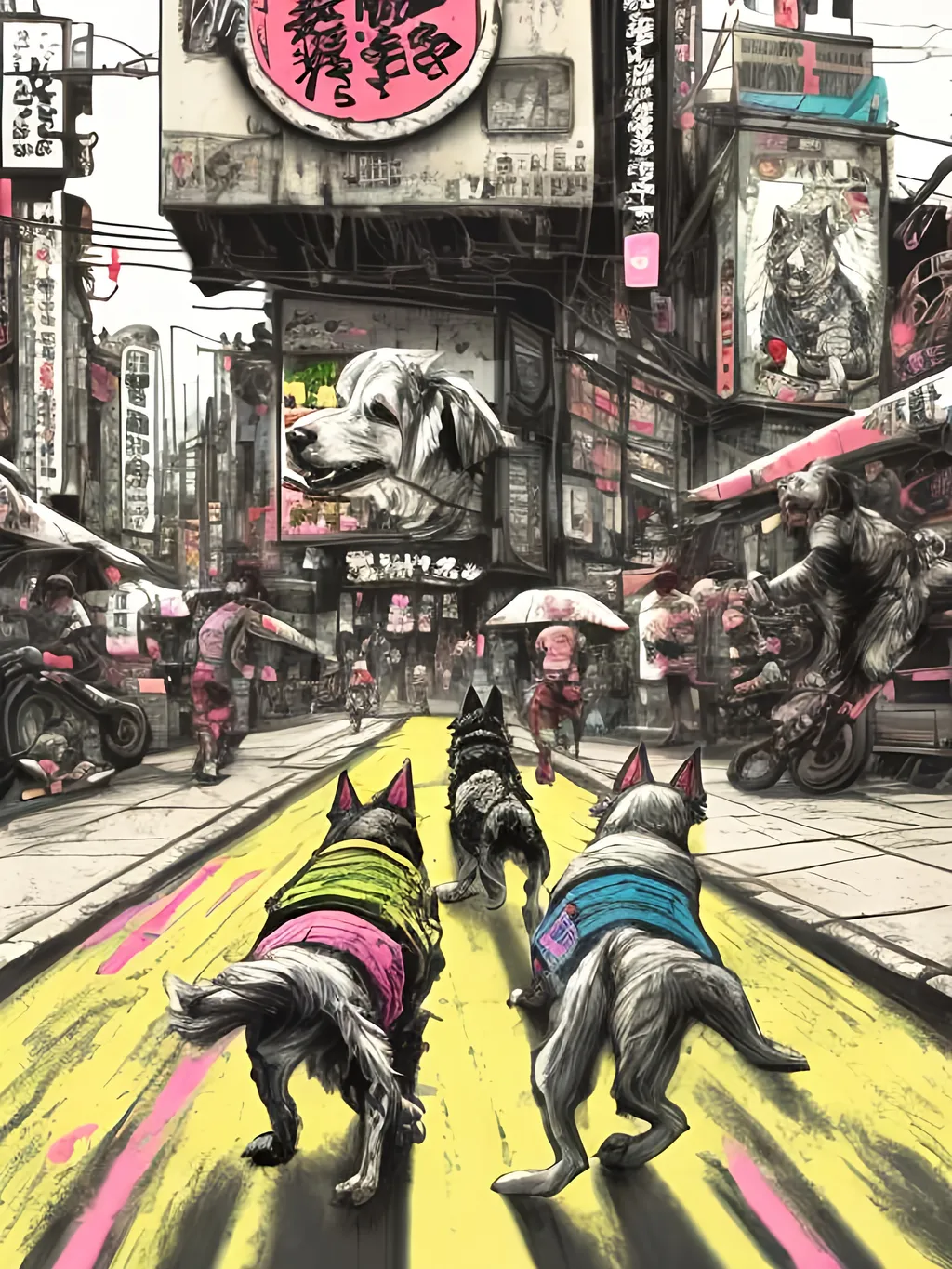 Prompt: pop art chalk pastel art of detailed dogs wearing gangster clothes playing in the streets in cyberpunk japan during a festival, sketch, detailed background, highres, fun atmosphere, natural lighting,  abstract, fun