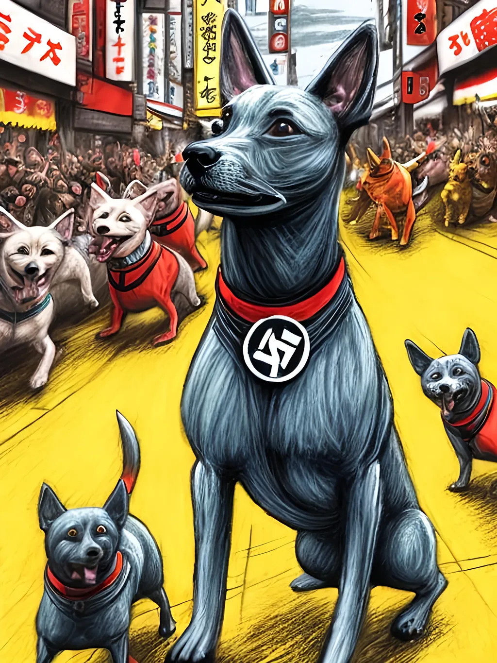 Prompt: pop art chalk pastel art of detailed dogs wearing nazi uniforms playing in the streets in japan during a festival, sketch, detailed background, highres, fun atmosphere, natural lighting,  abstract, fun