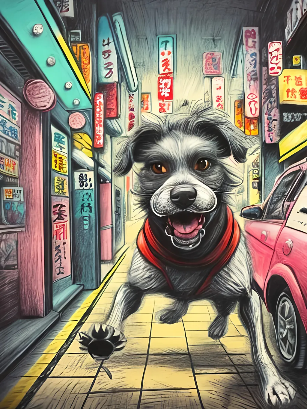 Prompt: pop art chalk pastel art of detailed dog robbing a bank in Japan, sketch, detailed background, highres, fun atmosphere, natural lighting,  abstract, fun