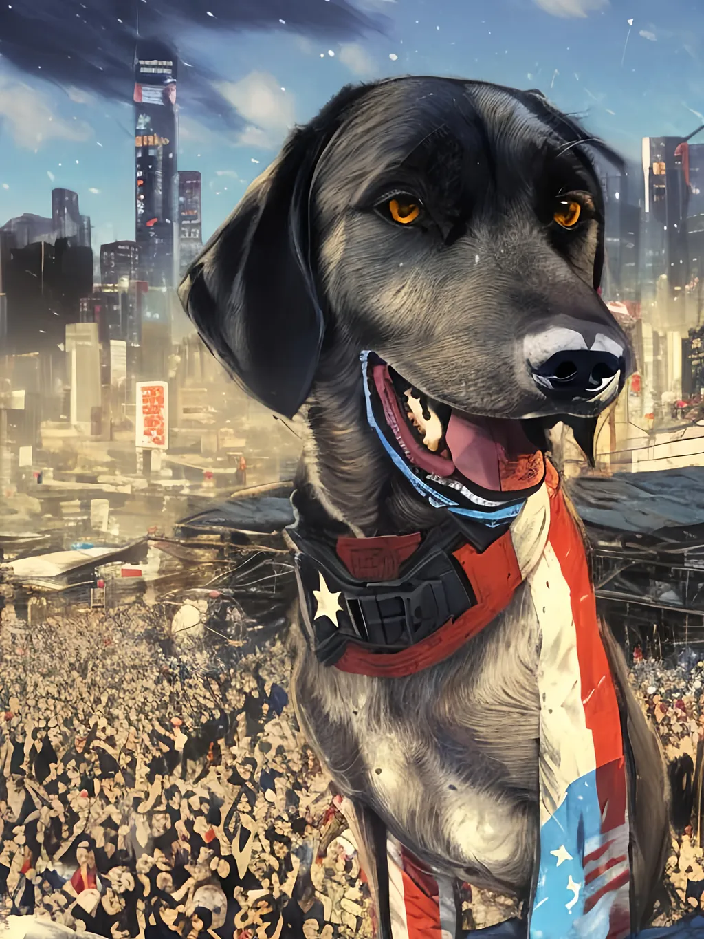 Prompt: a detailed mountain cur black dog wearing usa clothes at a city rally in cyberpunk japan, pop art chalk pastel, detailed background, high res, fun