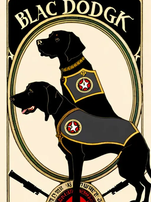 Prompt: black dog in soldier clothing Art Nouveau style