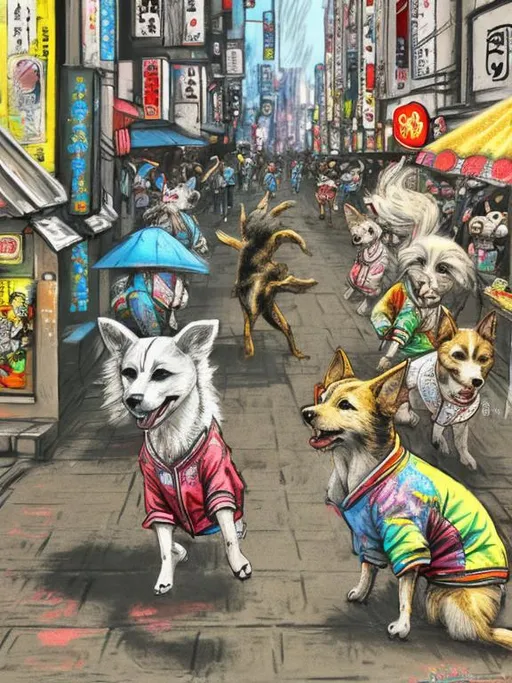 Prompt: pop art chalk pastel art of detailed dogs wearing clothes playing in the streets in japan during a festival, sketch, detailed background, highres, fun atmosphere, natural lighting,  abstract, fun