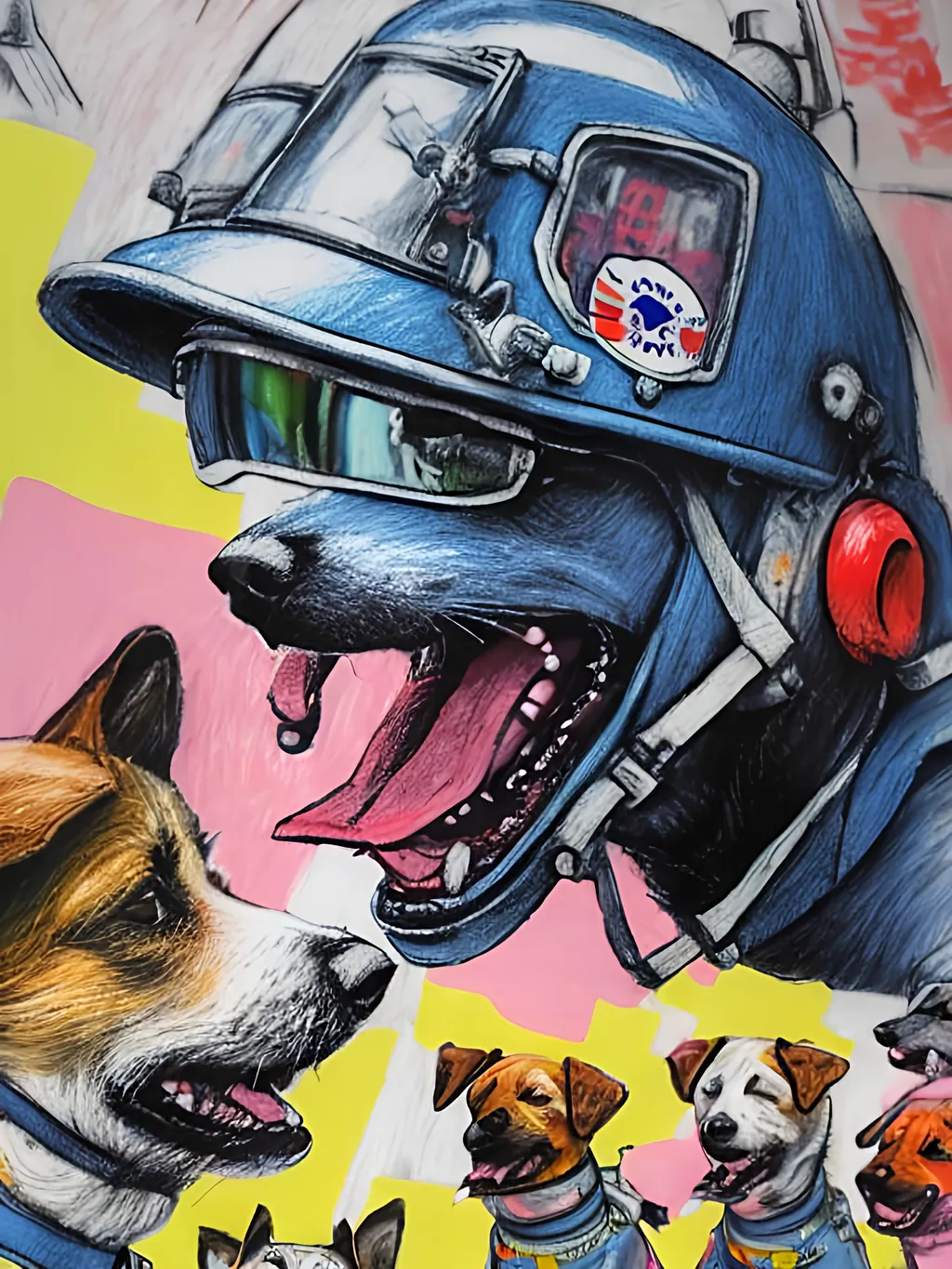 Prompt: pop art chalk pastel art of detailed dogs wearing pilot uniforms playing in the streets in japan during a festival, sketch, detailed background, highres, fun atmosphere, natural lighting,  abstract, fun