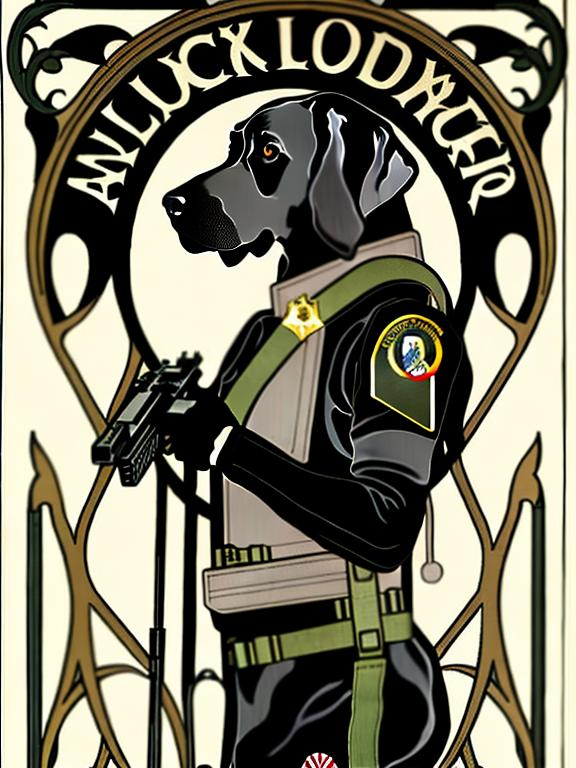 Prompt: black dog in soldier clothing Art Nouveau style