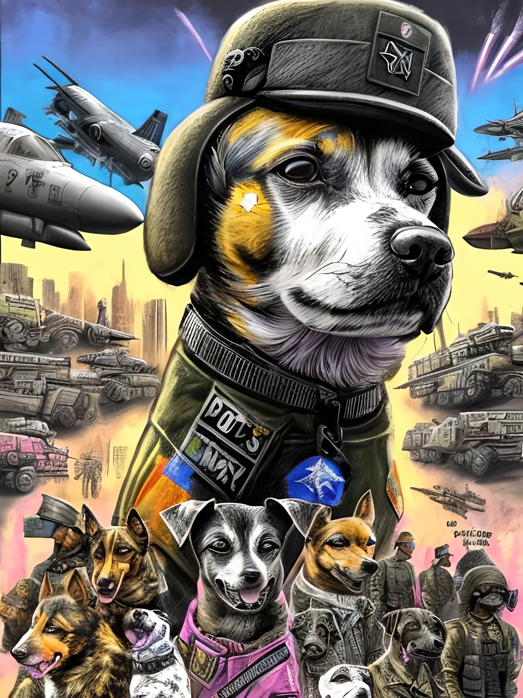 Prompt: pop art chalk pastel art of a detailed dogs wearing military uniforms on the streets in cyberpunk japan during a festival with planes in the background, sketch, detailed background, highres, fun atmosphere, natural lighting,  abstract, fun