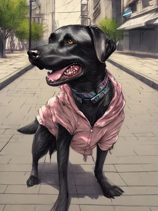 Prompt: a black dog wearing clothes having fun in the streets, sketch, detailed background, highres, fun atmosphere, natural lighting, pastel colors