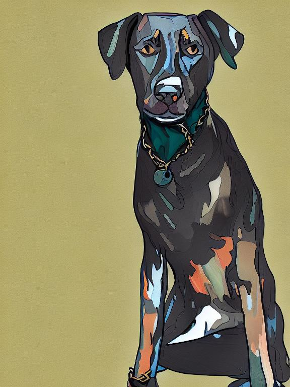 Prompt: mountain cur black dog in clothes abstract art