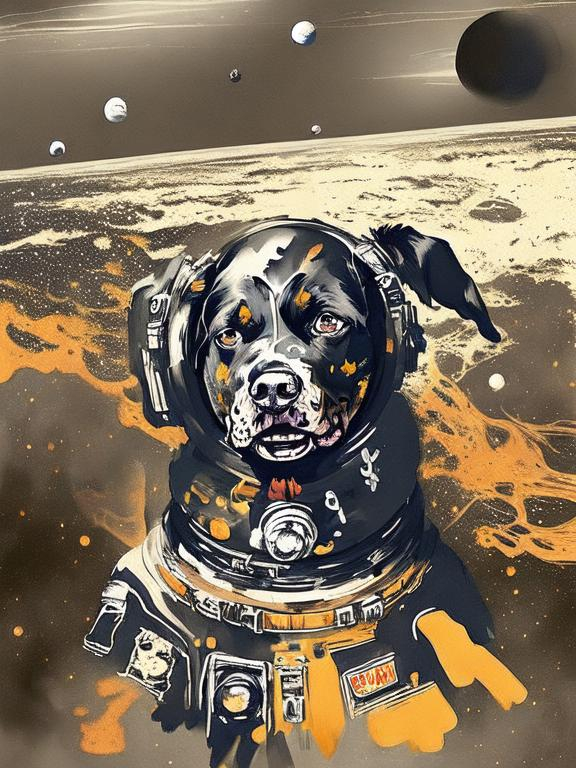 Prompt: Surrealism black dogs in cowboy outfits in space, abstract art style, cowboy hat, fun atmosphere, floating celestial bodies, mysterious nebulae, dreamlike, surreal, high contrast, otherworldly, abstract, space, astronaut, fun atmosphere, celestial bodies, dreamlike, surreal, high contrast, mysterious, nebulae, dogs, Pro trump clothing