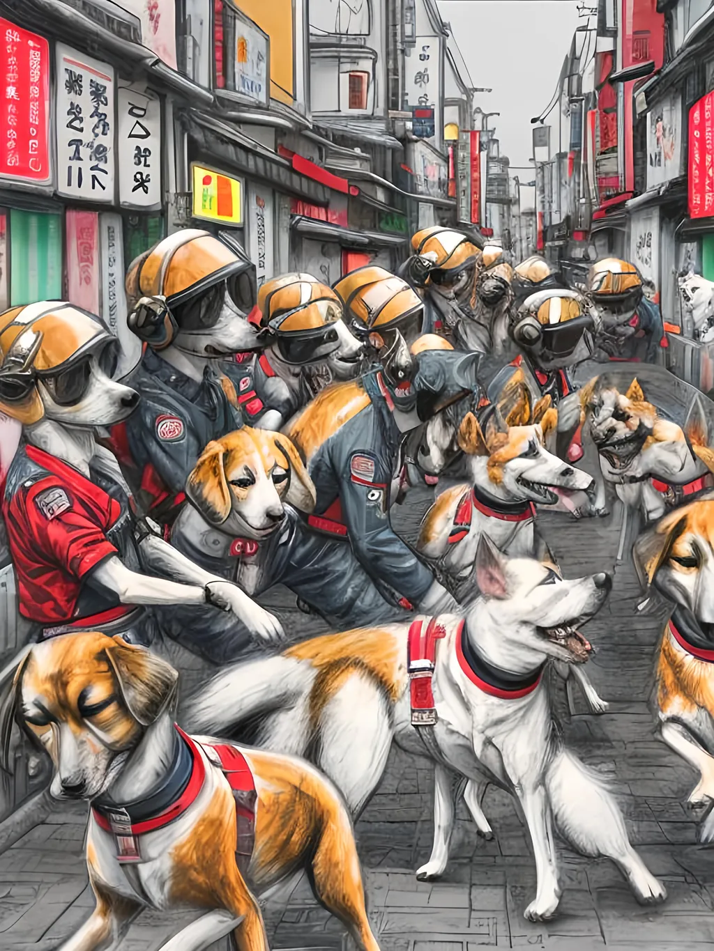 Prompt: pop art chalk pastel art of detailed dogs wearing pilot uniforms playing in the streets in japan during a festival, sketch, detailed background, highres, fun atmosphere, natural lighting,  abstract, fun