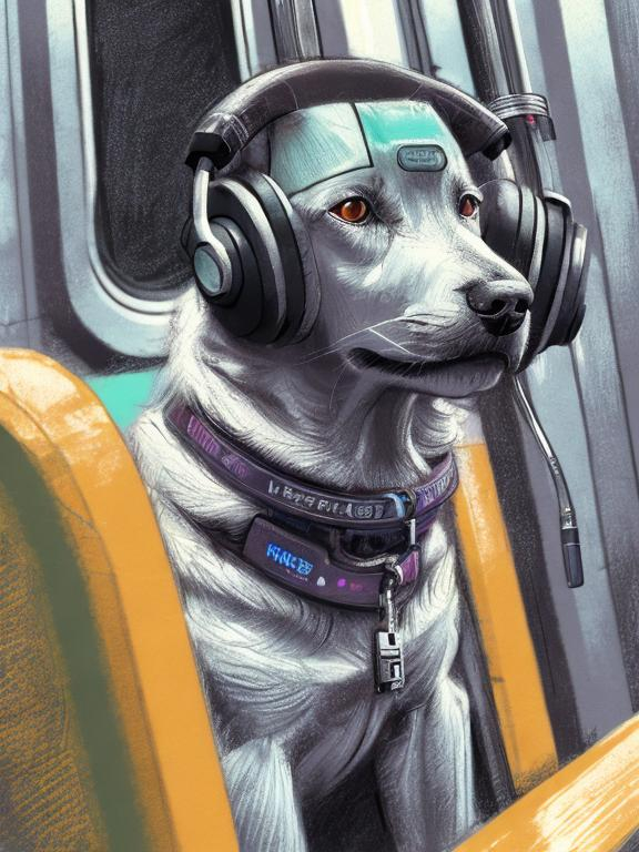 Prompt: chalk pastel art of a detailed dog listening to music on the subway train in cyberpunk japan, sketch, detailed background, highres, fun atmosphere, natural lighting,  abstract, fun