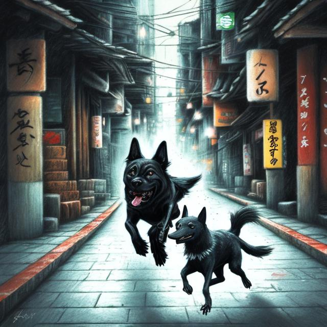 Prompt: chalk pastel art of a black dog wearing clothes chasing a chicken in the streets in japan, sketch, detailed background, highres, fun atmosphere, natural lighting, pastel colors, abstract, fun