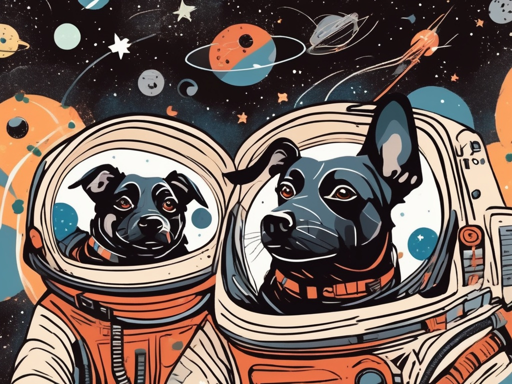 Prompt: abstract style art of black dogs in space in astronaut outfits