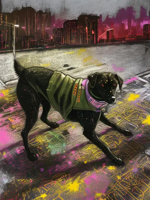 Prompt: Detailed pastel chalk pop art of an all-black mountain cur dog in a school uniform, cyberpunk city background, detailed fur with cool reflections, intense and focused gaze, high-tech collar, highres, pop art, pastel chalk, cyberpunk, detailed eyes, school uniform, detailed background, professional, atmospheric lighting