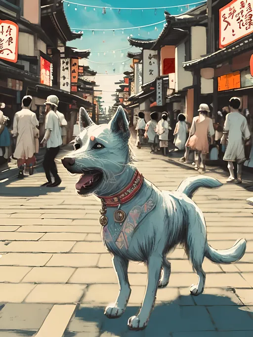 Prompt: chalk pastel style of a detailed dog dancing in the streets in japan during a festival, sketch, detailed background, highres, fun atmosphere, natural lighting,  abstract, fun