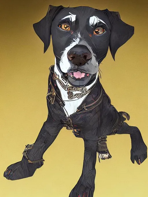 Prompt: mountain cur black dog in clothes gangster abstract art