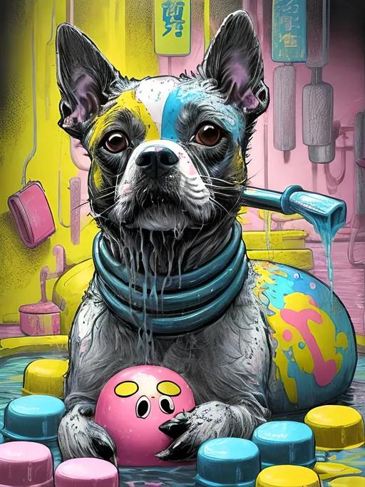 Prompt: pop art chalk pastel art of detailed dog taking a bath with a rubber ducky in cyberpunk japan, sketch, detailed background, highres, fun atmosphere, natural lighting,  abstract, fun