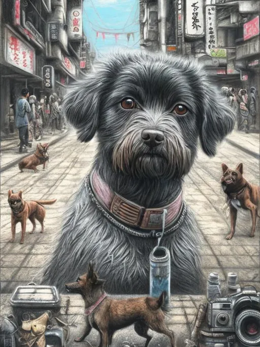 Prompt: chalk pastel art of a detailed dog on the streets in post-apocalyptic Japan during a festival with planes in the background, sketch, detailed background, highres, fun atmosphere, natural lighting,  abstract, fun