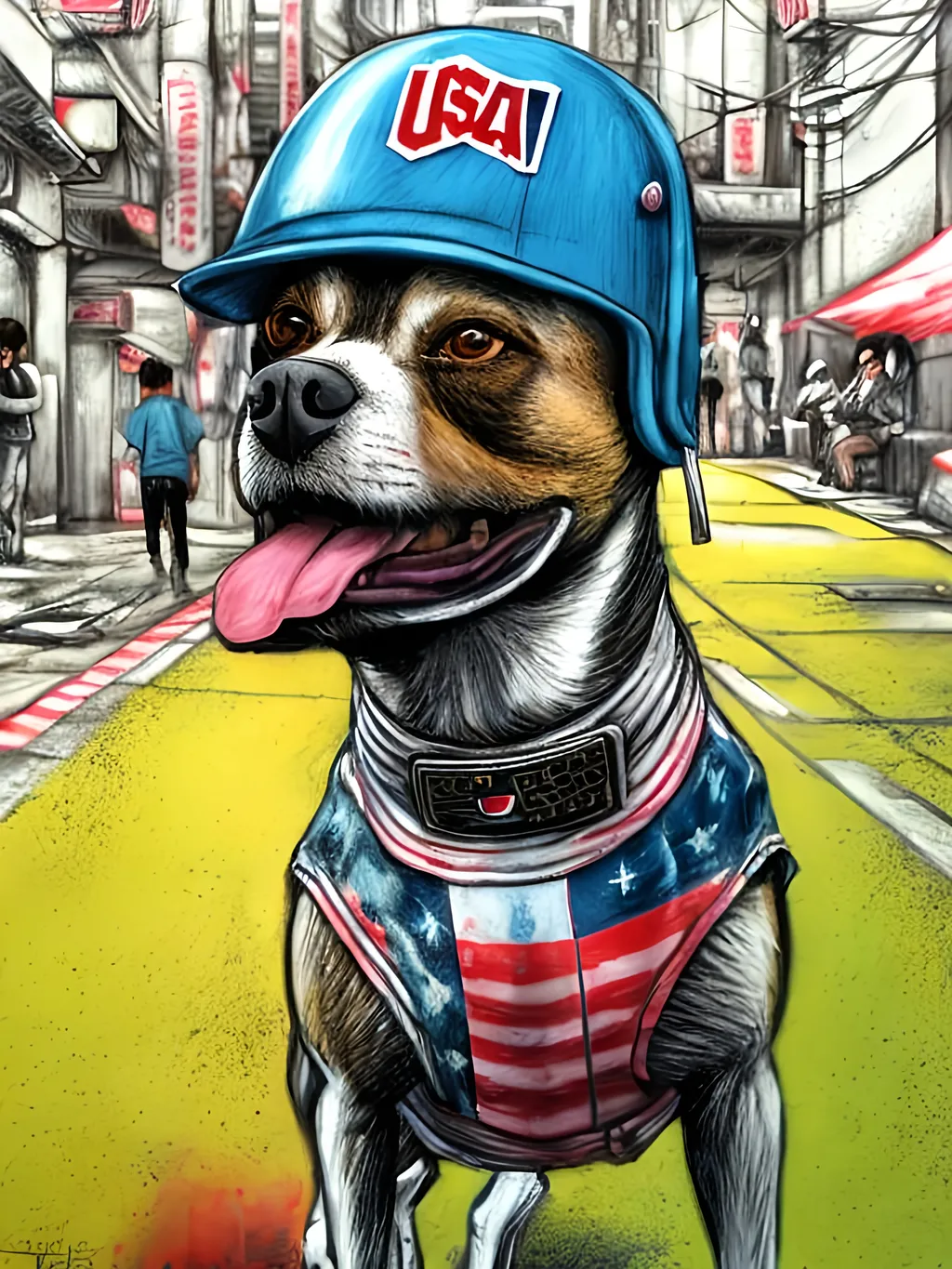 Prompt: pop art chalk pastel art of detailed dog wearing usa clothes playing in the streets in dystopian japan during a festival, sketch, detailed background, highres, fun atmosphere, natural lighting,  abstract, fun