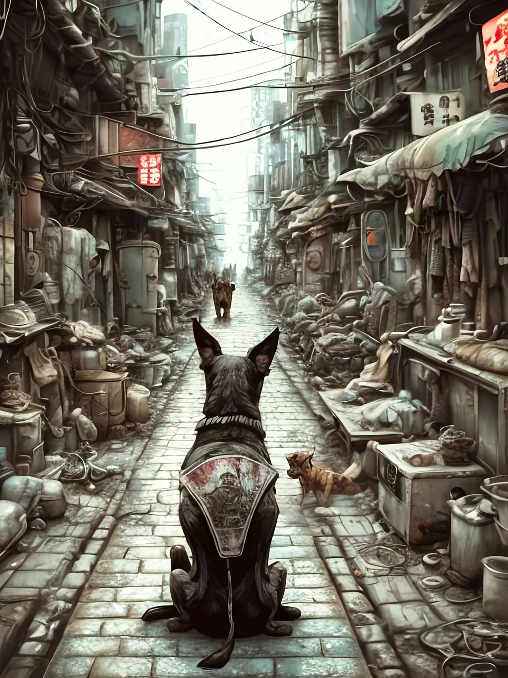 Prompt: chalk pastel style of a detailed dog in the streets in post-apocalyptic japan during a festival, sketch, detailed background, highres, fun atmosphere, natural lighting,  abstract, fun