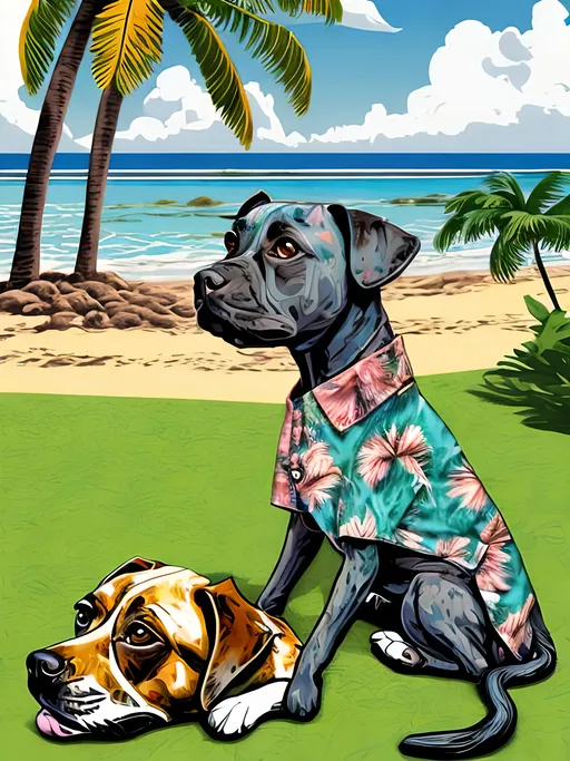 Prompt: pop art chalk pastel style of a  detailed dog getting its hair braided in a Hawaiian shirt in Jamaica, sketch, detailed background, highres, fun atmosphere, natural lighting,  abstract, fun