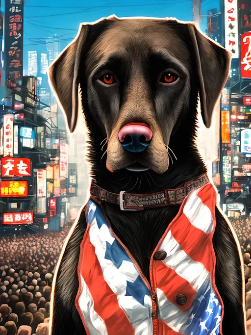 Prompt: a detailed mountain cur black dog wearing usa clothes at a city rally in cyberpunk japan, pop art chalk pastel, detailed background, high res, fun