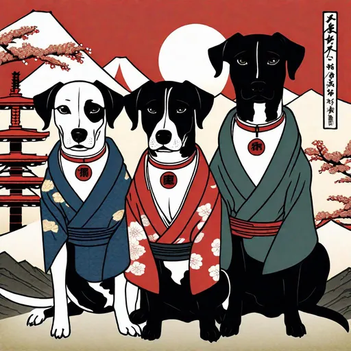 Prompt: black mountain cur dogs in hiroshige wearing yakuza clothes