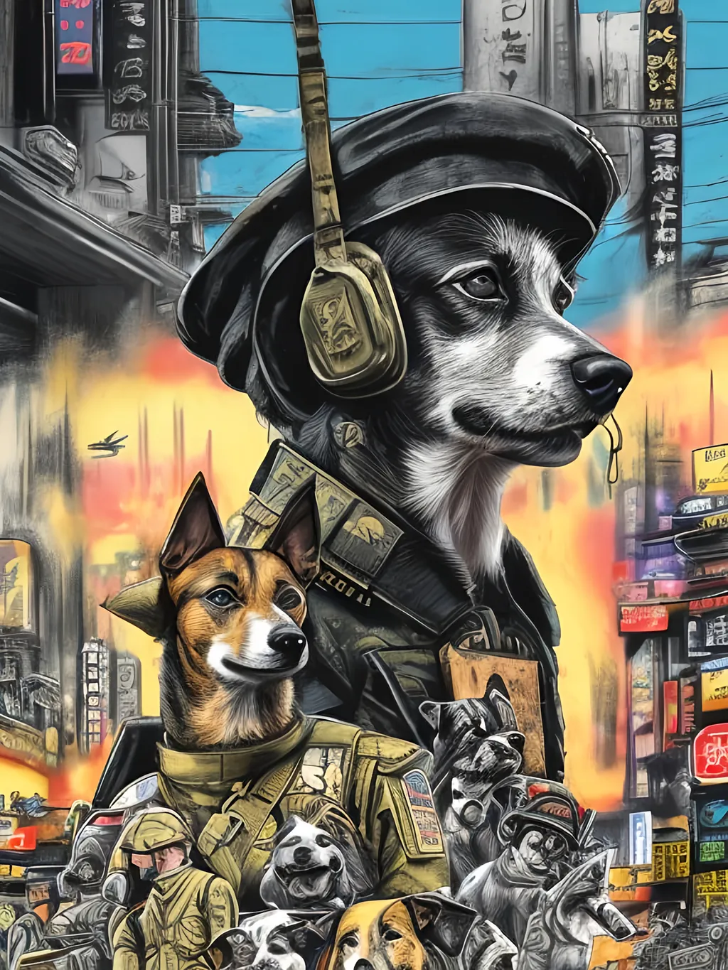 Prompt: pop art chalk pastel art of a detailed dogs wearing military uniforms on the streets in cyberpunk japan during a festival with planes in the background, sketch, detailed background, highres, fun atmosphere, natural lighting,  abstract, fun