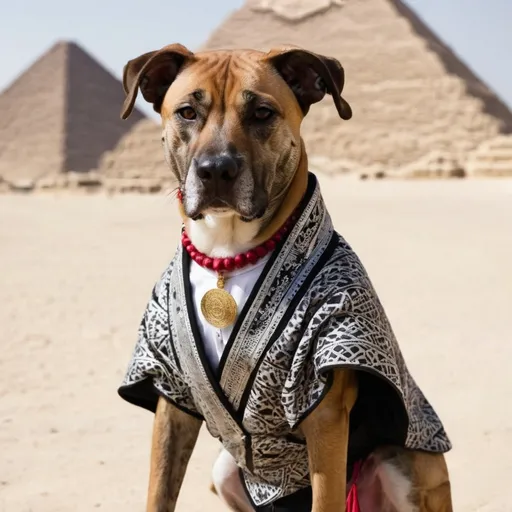 Prompt: black mountain cur dog dressed as yakuza in egypt