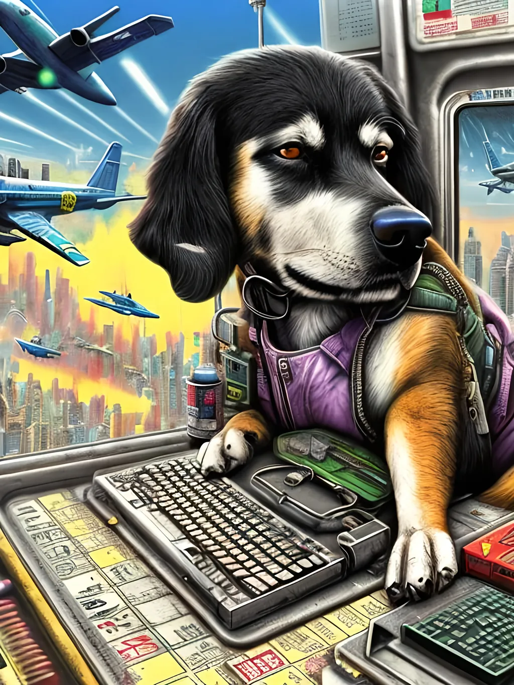 Prompt: pop art chalk pastel art of a detailed dog hacking a computer on the subway train in cyberpunk japan with planes in the background, sketch, detailed background, highres, fun atmosphere, natural lighting,  abstract, fun