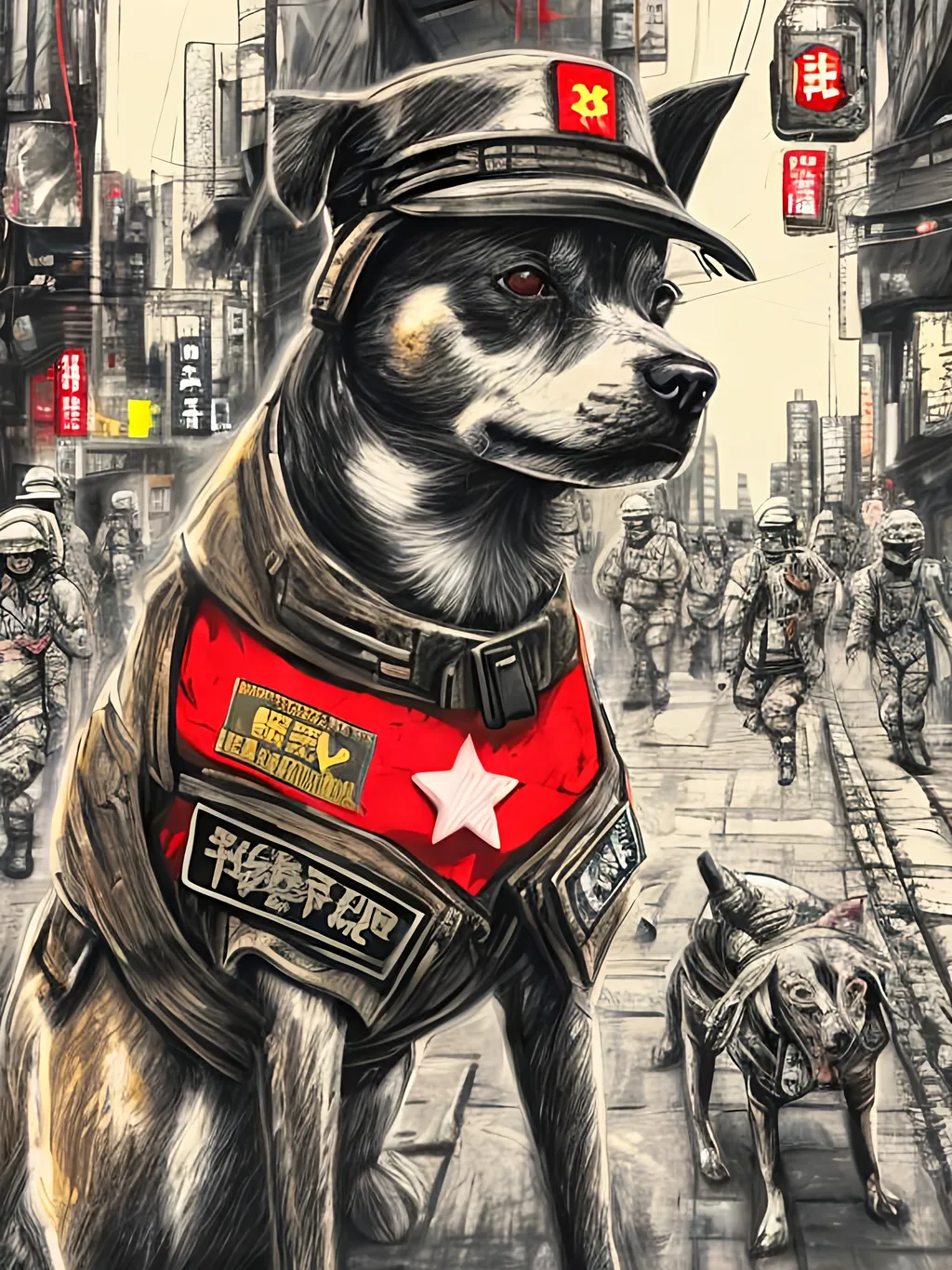 Prompt: pop art chalk pastel art of detailed dog wearing military uniforms<mymodel> playing in the streets in cyberpunk japan during a festival, sketch, detailed background, highres, fun atmosphere, natural lighting,  abstract, fun