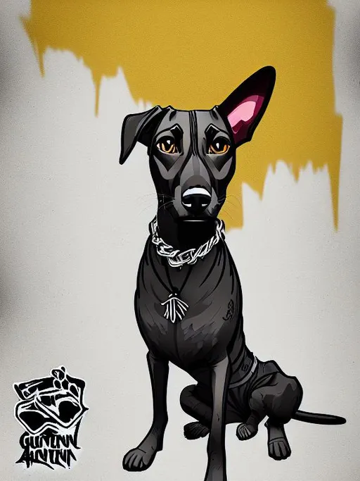 Prompt: mountain cur black dog in gangster clothing graffiti