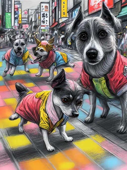 Prompt: pop art chalk pastel art of detailed dogs wearing clothes playing in the streets in japan during a festival, sketch, detailed background, highres, fun atmosphere, natural lighting,  abstract, fun