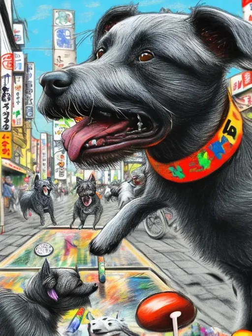 Prompt: pop art chalk pastel art of detailed dogs wearing clothes playing in the streets in japan during a festival, sketch, detailed background, highres, fun atmosphere, natural lighting,  abstract, fun