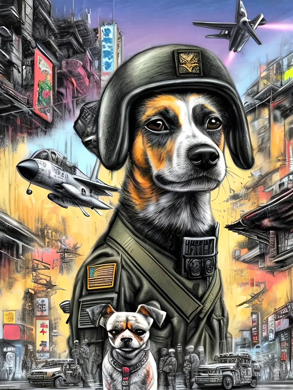 Prompt: pop art chalk pastel art of a detailed dogs wearing military uniforms on the streets in cyberpunk japan during a festival with planes in the background, sketch, detailed background, highres, fun atmosphere, natural lighting,  abstract, fun