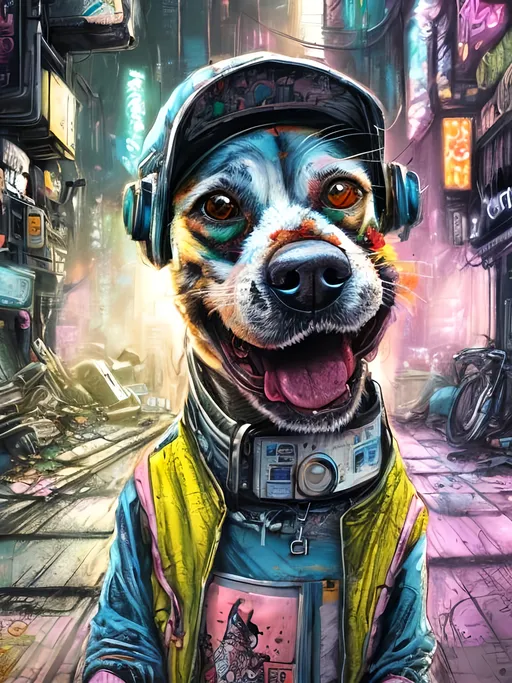 Prompt: Detailed happy dog wearing clothes dumpster diving during a festival, sketch, chalk pastel, detailed cyberpunk city background, grunge, highres, abstract, natural lighting, lively atmosphere, fun, detailed dogs, vibrant, happy-go-lucky