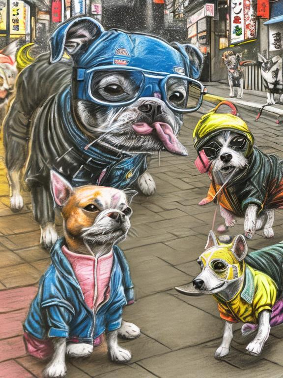 Prompt: pop art chalk pastel art of detailed dogs wearing clothes playing in the streets in japan during a festival, sketch, detailed background, highres, fun atmosphere, natural lighting,  abstract, fun