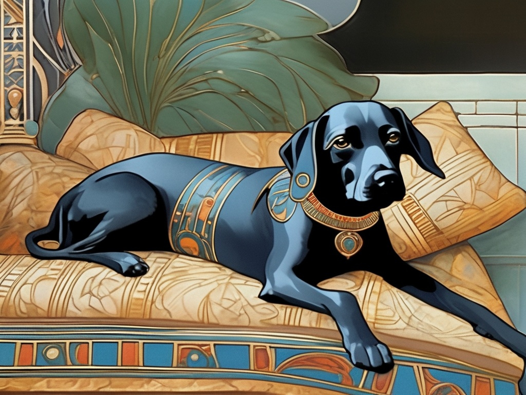 Prompt: Art Nouveau style black dog in egyptian clothing