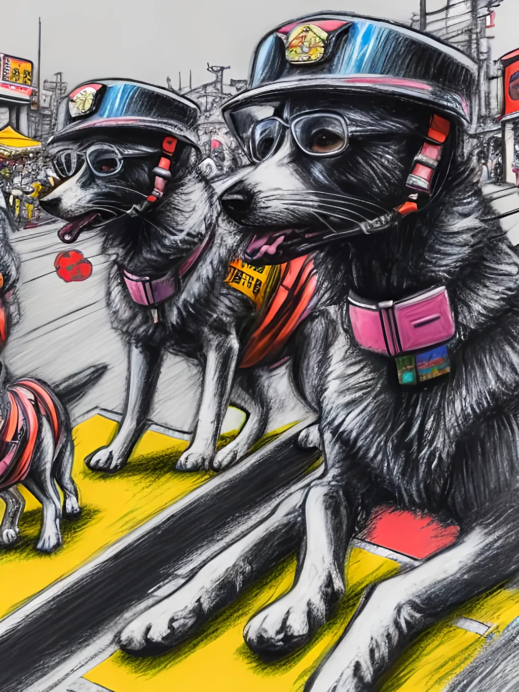 Prompt: pop art chalk pastel art of detailed dogs wearing pilot uniforms playing in the streets in japan during a festival, sketch, detailed background, highres, fun atmosphere, natural lighting,  abstract, fun