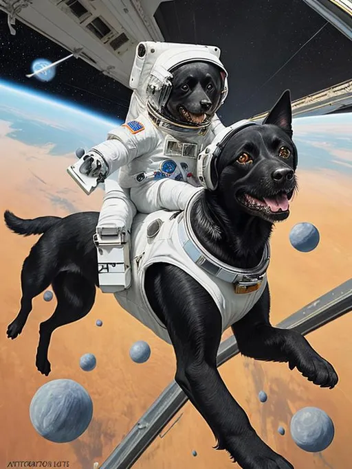 Prompt: abstract style art of black dogs in space in astronaut outfits