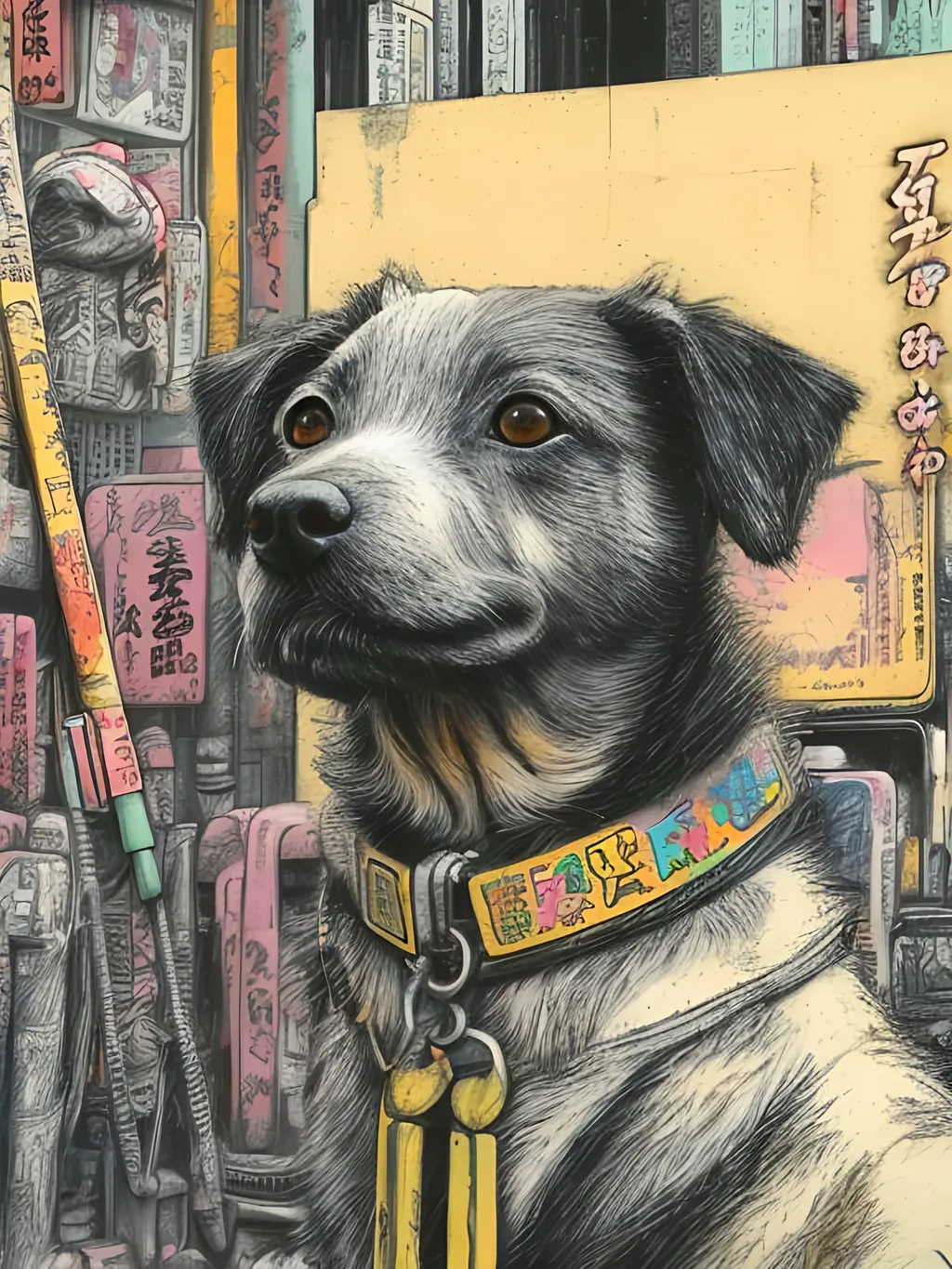 Prompt: pop art chalk pastel art of detailed dog at a shrine in cyberpunk japan, sketch, detailed background, highres, fun atmosphere, natural lighting,  abstract, fun