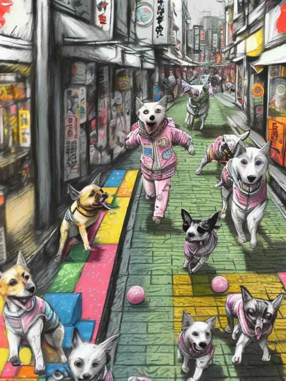 Prompt: pop art chalk pastel art of detailed dogs wearing clothes playing in the streets in japan during a festival, sketch, detailed background, highres, fun atmosphere, natural lighting,  abstract, fun