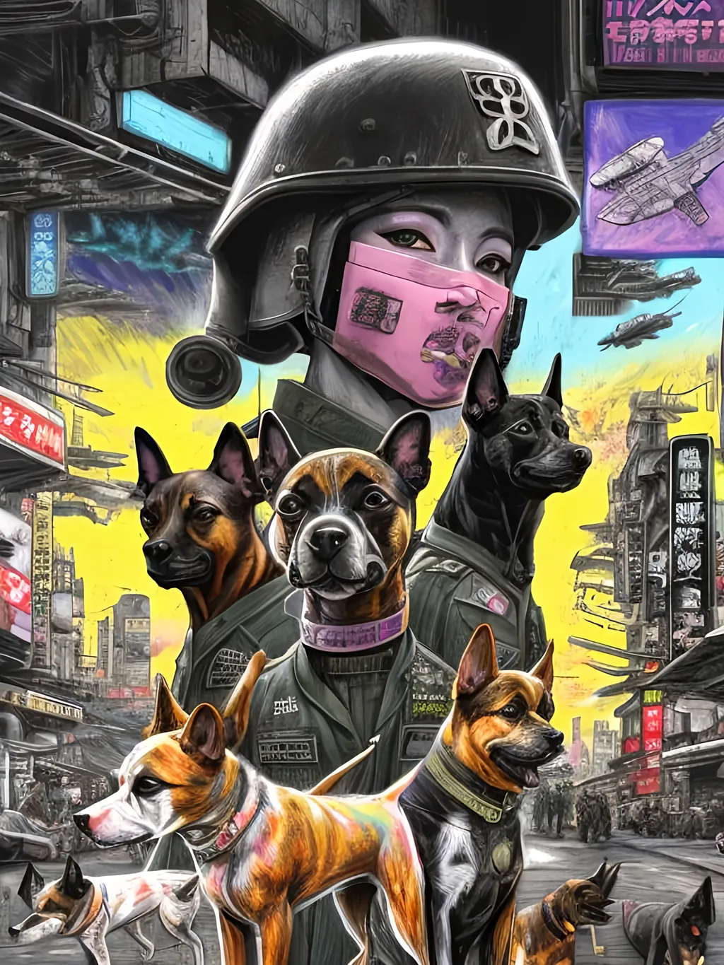 Prompt: pop art chalk pastel art of a detailed dogs wearing military uniforms on the streets in cyberpunk japan during a festival with planes in the background, sketch, detailed background, highres, fun atmosphere, natural lighting,  abstract, fun