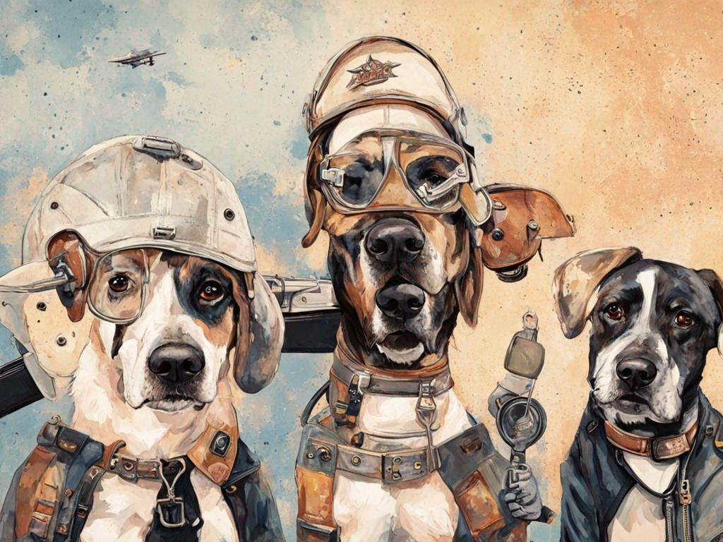 Prompt: black mountain cur dogs rap album dressed as airplane pilots