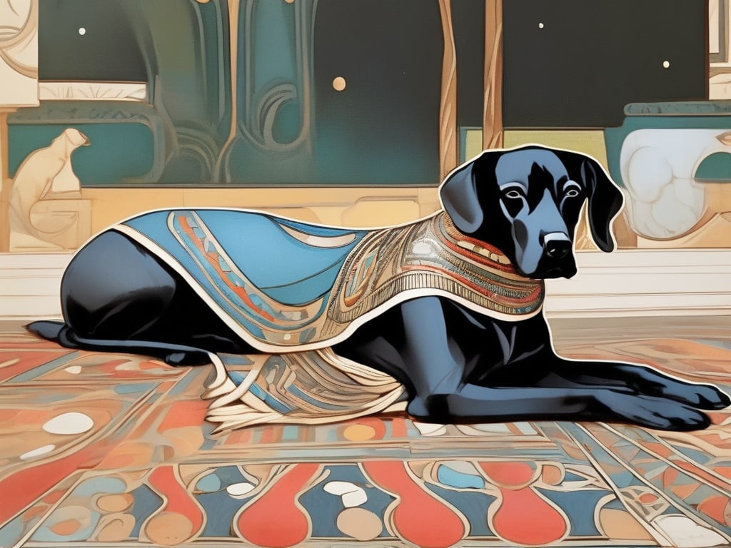 Prompt: Art Nouveau style black dog in egyptian clothing