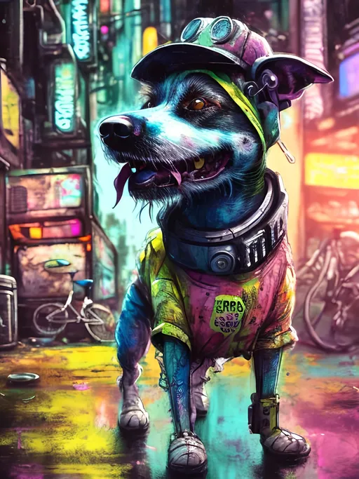 Prompt: Detailed happy dog wearing clothes dumpster diving during a festival, sketch, chalk pastel, detailed cyberpunk city background, grunge, highres, abstract, natural lighting, lively atmosphere, fun, detailed dogs, colorful, vibrant, happy-go-lucky