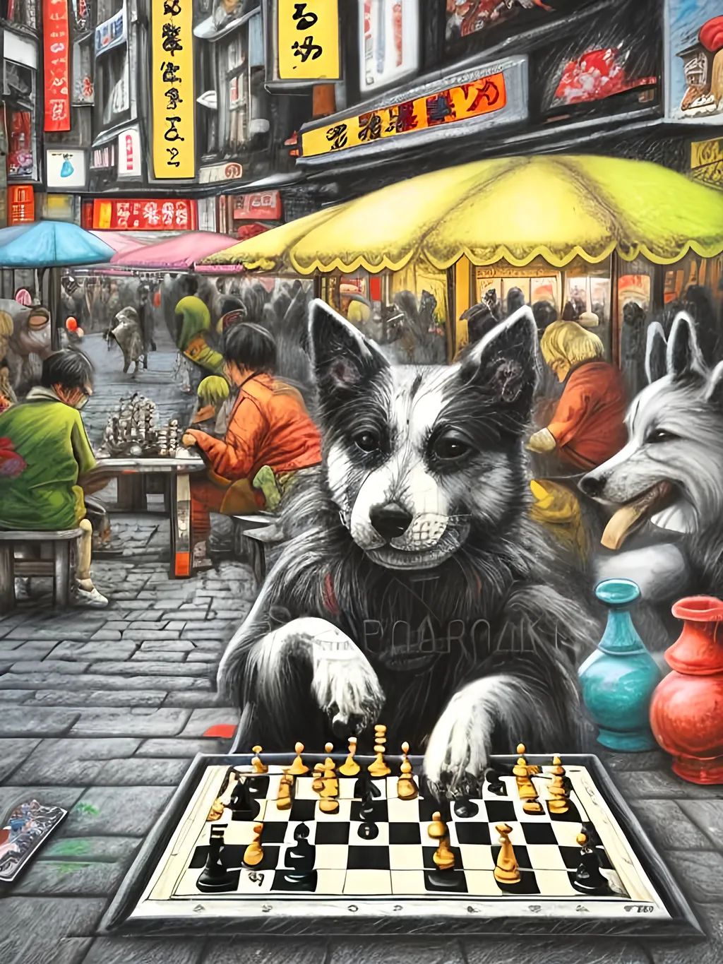 Prompt: pop art chalk pastel art of detailed dog playing chess in the streets in Japan during a festival, sketch, detailed background, highres, fun atmosphere, natural lighting,  abstract, fun