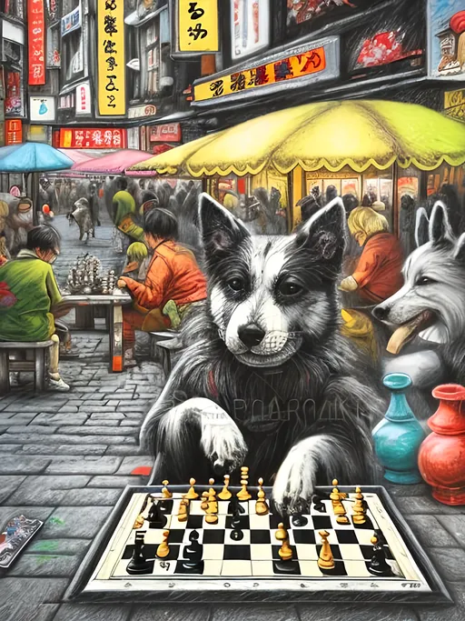 Prompt: pop art chalk pastel art of detailed dog playing chess in the streets in Japan during a festival, sketch, detailed background, highres, fun atmosphere, natural lighting,  abstract, fun